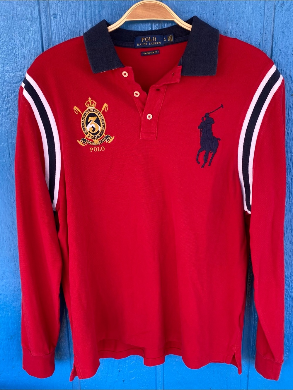 Polo Ralph Lauren Shirt Big Pony 3 Crest Long Sleeve Large Red Custom Slim Fit